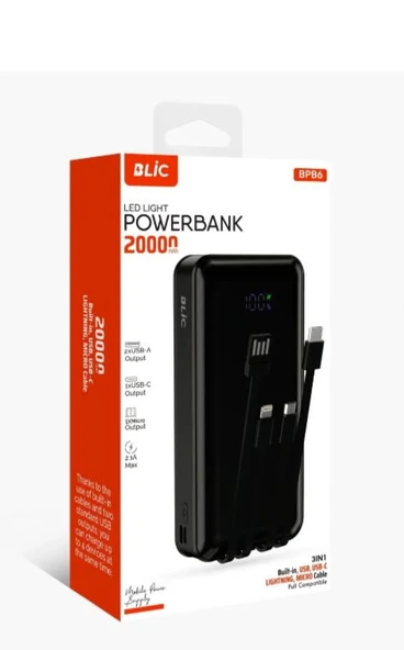 Bpb06 20.000 Mah 3 in 1 Plus Dijital Göstergeli Dahili Çoklu Kablolu Taşınabilir Şarj Cihazı - 1