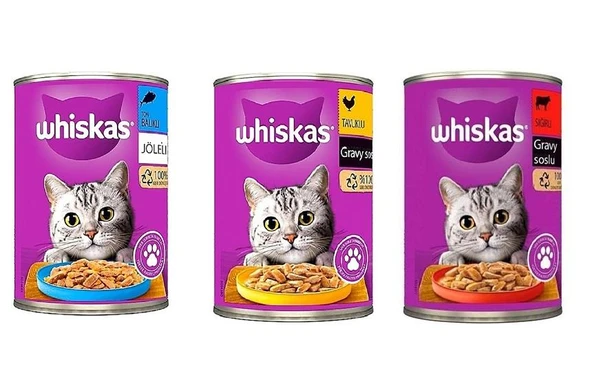 Whiskas Tavuklu Ton Balıklı Sığır Etli Yaş Kedi Maması Konserve 400 gr X 3 Adet ürün görseli