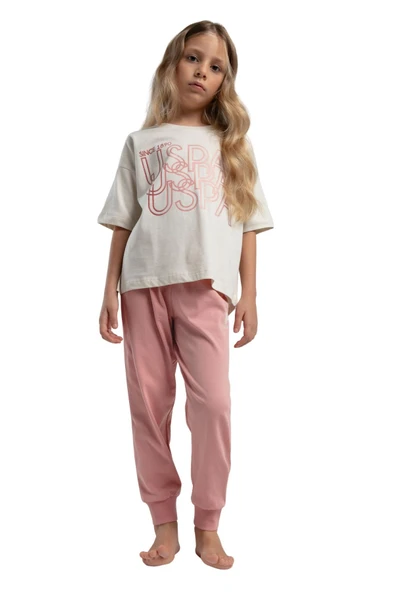 Us Polo Kız Çocuk Bej Kısa Kol Pijama Takım 2063 ürün görseli 1