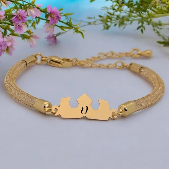 Harfe Özel 14 Ayar Altın Plakalı Taç Motifli Hasır Kordonlu Hediye Bileklik-461 ürün görseli