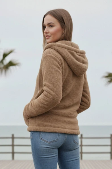 Kadın Vizon Peluş Yumoş Fermuarlı Kapüşonlu Cepli Welsoft Ceket 22KCKTERES - 6