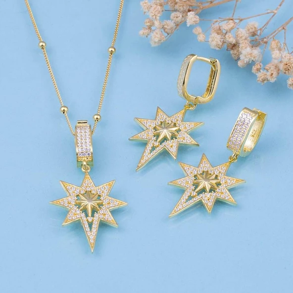 Gümüş Pazarım Altın Kaplama Top Zincirli 925 Ayar Gümüş Kutup Yıldızı Set
