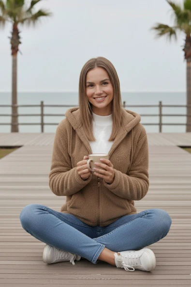 Kadın Vizon Peluş Yumoş Fermuarlı Kapüşonlu Cepli Welsoft Ceket 22KCKTERES - 5