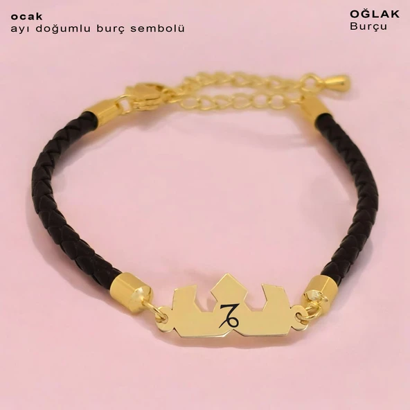 Doğum Ayına Özel 14 Ayar Altın Plakalı Taç Figürlü Doğal Siyah Derili Hediye Bileklik-462 ürün görseli