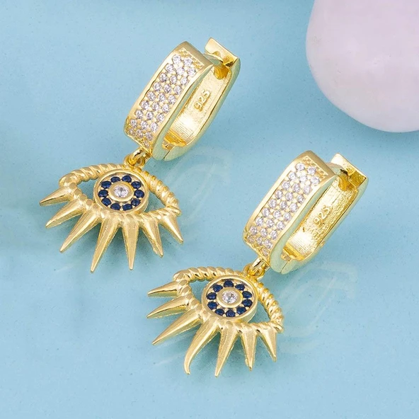 Gümüş Pazarım Altın Kaplama 925 Ayar Gümüş Nazarlı Göz Kirpik Küpe