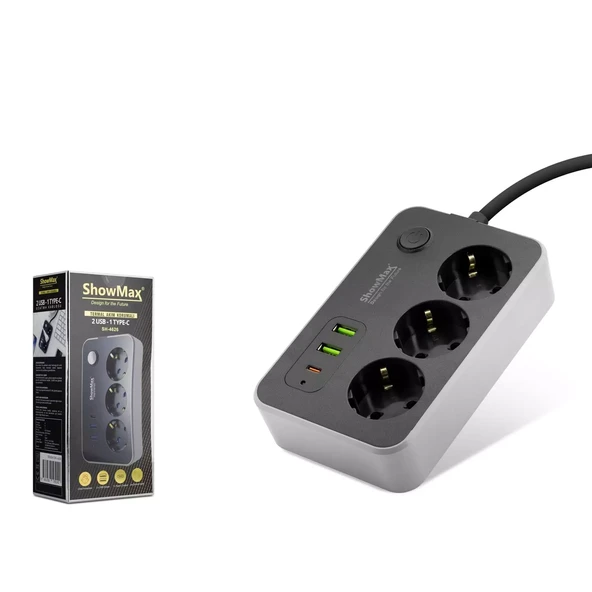 Showmax Sh4626 Termal Akım Korumalı Uzatma Kablosu 3 Priz + 2 Usb + Type-C + Anahtar 2M Siyah - 1
