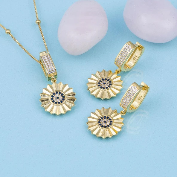 Gümüş Pazarım Özel Tasarım Nazar Boncuklu Altın Kaplama Gümüş Set