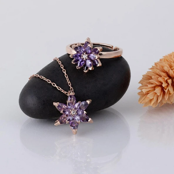 Gümüş Pazarım Ametist Taşlı Lotus Çiçeği Gümüş Kolye Yüzük Set
