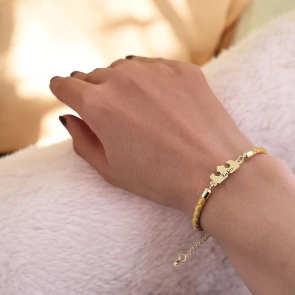 İsme Özel Taç Motifli Hakiki Altın Renkli Derili Derili 14 Ayar Altın Plakalı Hediye Bileklik-463 - Resim 2