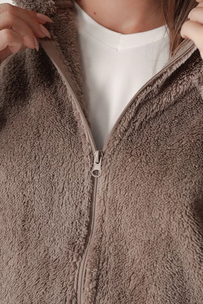 Kadın Vizon Peluş Yumoş Fermuarlı Kapüşonlu Cepli Welsoft Ceket 22KCKTERES - 4