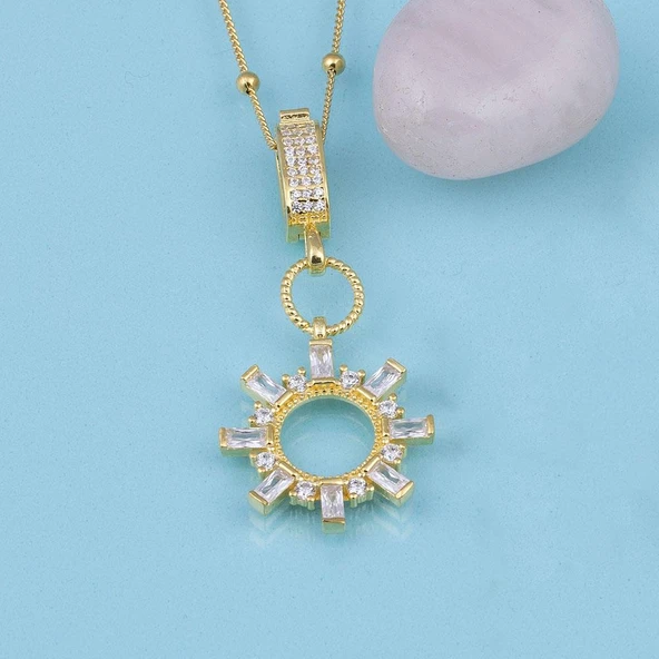 Gümüş Pazarım Altın Kaplama Baget Taşlı Güneş Motifli Top Zincirli 925 Ayar Gümüş Kolye