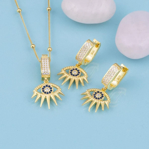 Gümüş Pazarım Altın Kaplama 925 Ayar Gümüş Top Zincirli Anka Kuşu Kolye Küpe Set