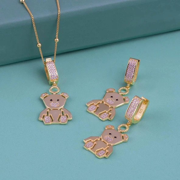 Gümüş Pazarım Altın Kaplama Panda Motifli 925 Ayar Gümüş Set ürün görseli