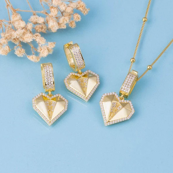 Gümüş Pazarım Altın Kaplama Özel Tasarım Kalpli 925 Ayar Gümüş Top Zincirli Kolye Küpe Set