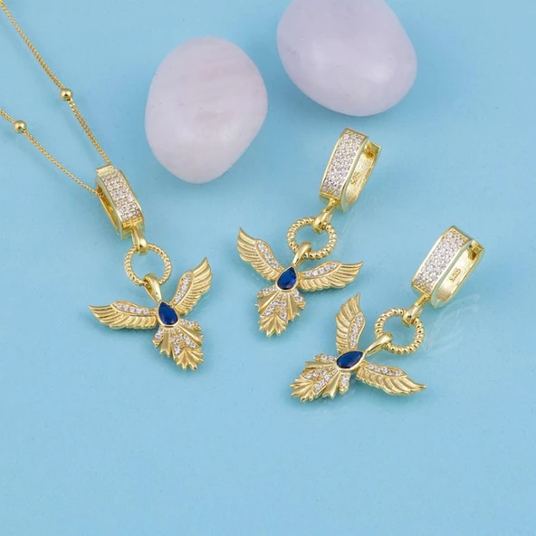 Gümüş Pazarım Beyaz Taşlı Altın Kaplama 925 Ayar Gümüş Anka Kuşu Gümüş Set