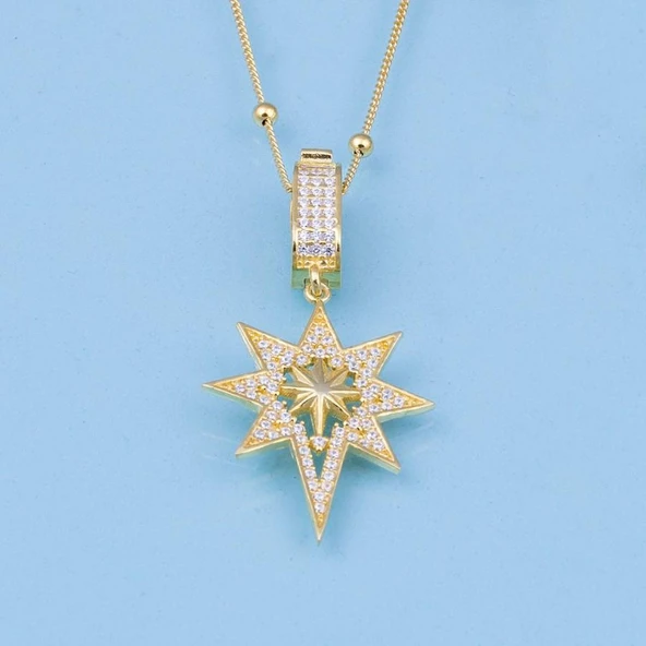 Gümüş Pazarım Altın Kaplama Top Zincirli 925 Ayar Gümüş Kutup Yıldızı Kolye