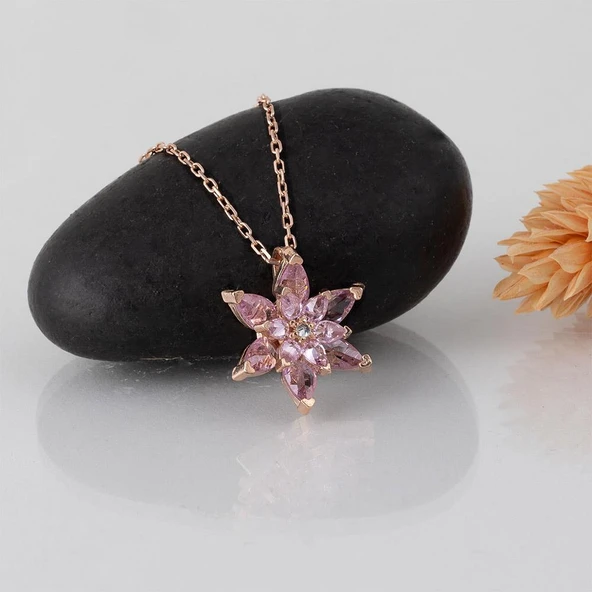Gümüş Pazarım Pembe Renkli Lotus Çiçeği Gümüş Kolye