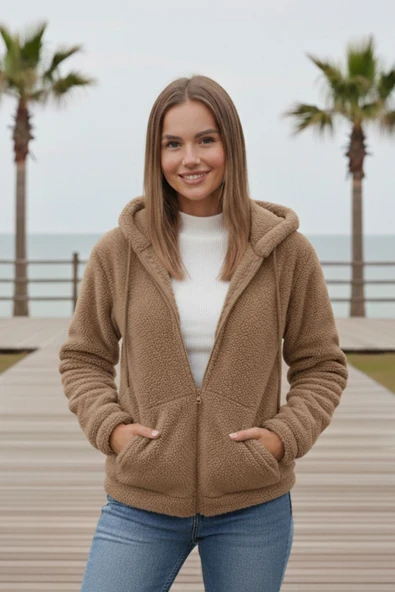 Kadın Vizon Peluş Yumoş Fermuarlı Kapüşonlu Cepli Welsoft Ceket 22KCKTERES - 3