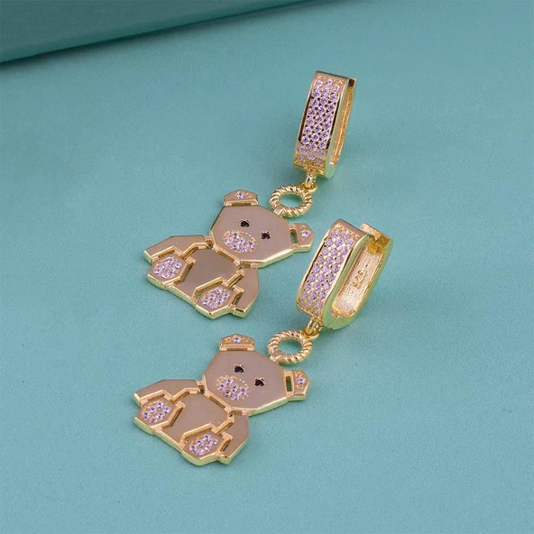 Gümüş Pazarım Kartanesi Model Özel Tasarım Altın Kaplama Top Zincirli 925 Ayar Gümüş Küpe