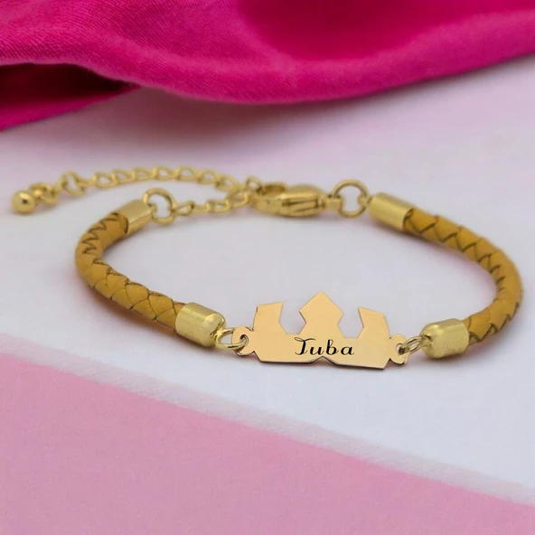 İsme Özel Taç Motifli Hakiki Altın Renkli Derili Derili 14 Ayar Altın Plakalı Hediye Bileklik-463 ürün görseli