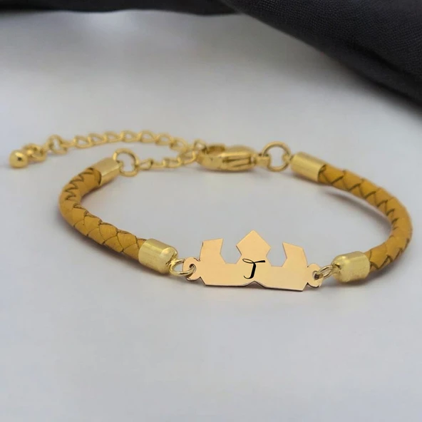 Harfe Özel 14 Ayar Altın Plakalı Taç Motifli Hakiki Altın Renkli Derili Derili Hediye Bileklik-463 ürün görseli