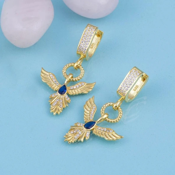 Gümüş Pazarım Beyaz Taşlı Altın Kaplama 925 Ayar Gümüş Anka Kuşu Gümüş Küpe