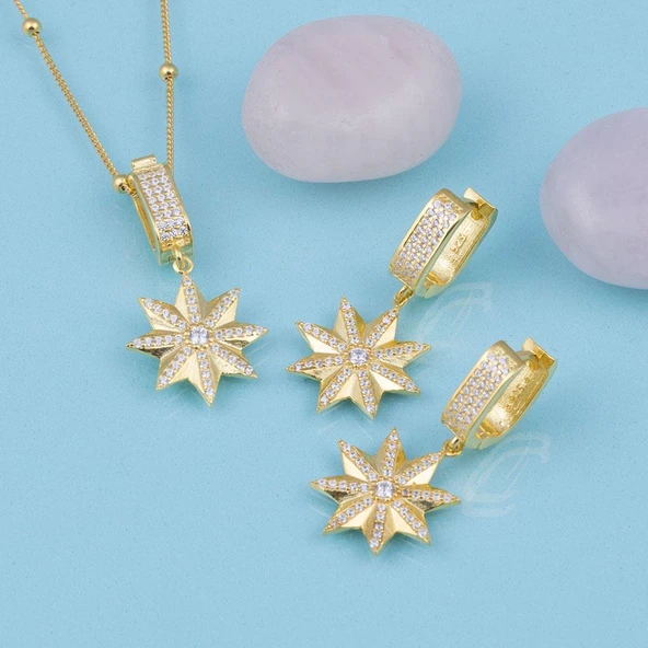 Gümüş Pazarım Altın Kaplama Top Zincirli 925 Ayar Gümüş Yıldız Set