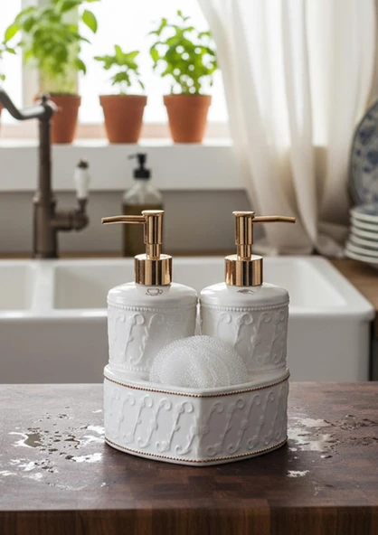 Mundo Porselen Sıvı Sabunluk Seti-2x300 ML Kalpli