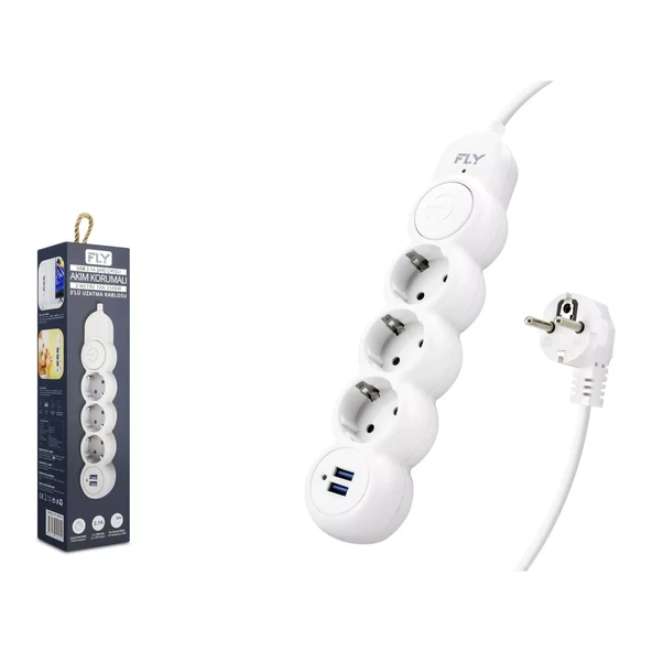Fly 3393-01 Termal Akım Korumalı Uzatma Kablosu 3 Priz 2 Usb + Anahtar 2.1A 2M Beyaz - 1