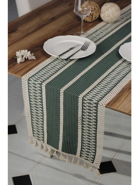 Örme Masa Örtüsü Püsküllü Runner Masa Örtüsü Organik Pamuk Runner 35X155 cm Masa Üstü Runner - 1