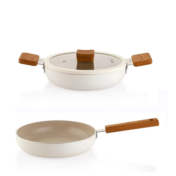 Schafer Ceramoni Seramik Tava 30 Cm ve 22 Cm Kapaklı Sahan Seti -Krem - 1