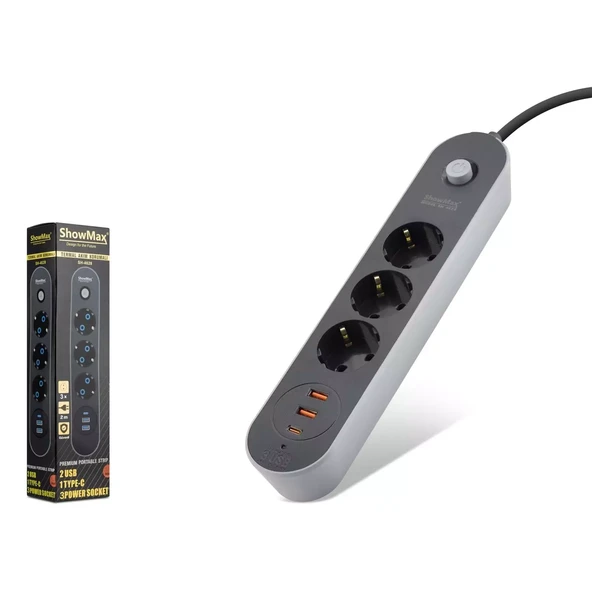 Showmax Sh4628 Termal Akım Korumalı Uzatma Kablosu 3 Priz + 2 Usb + Type-C + Anahtar 2M Siyah - 1