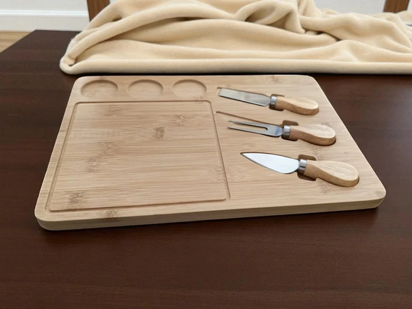 Doğal Bambu Bıçaklı Peynir Servis Sunum Tabağı Kahvaltı Sunum Tahtası Seti 4 Parça - 4