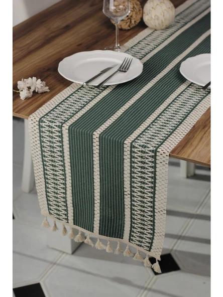 Örme Masa Örtüsü Püsküllü Runner Masa Örtüsü Organik Pamuk Runner 35X155 cm Masa Üstü Runner - 4
