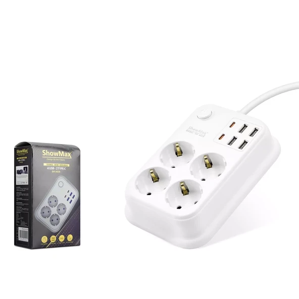 Showmax Sh4629 Termal Akım Korumalı Uzatma Kablosu 4 Priz + 4 Usb + 2 Type-C + Anahtar 2M Beyaz - 1