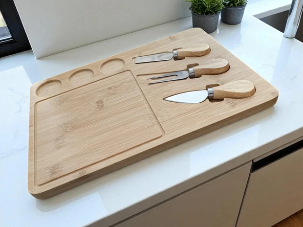 Doğal Bambu Bıçaklı Peynir Servis Sunum Tabağı Kahvaltı Sunum Tahtası Seti 4 Parça - 6