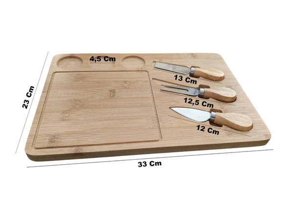 Doğal Bambu Bıçaklı Peynir Servis Sunum Tabağı Kahvaltı Sunum Tahtası Seti 4 Parça - 7