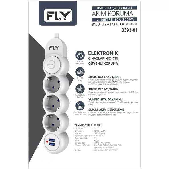 Fly 3393-01 Termal Akım Korumalı Uzatma Kablosu 3 Priz 2 Usb + Anahtar 2.1A 2M Beyaz - 2