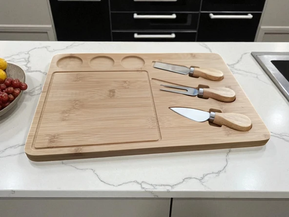 Doğal Bambu Bıçaklı Peynir Servis Sunum Tabağı Kahvaltı Sunum Tahtası Seti 4 Parça - 3