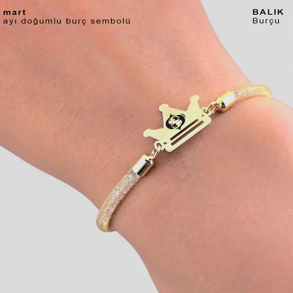 Doğum Ayına Özel 14 Ayar Altın Plakalı Taç Figürlü Hasır Kordonlu Hediye Bileklik-464 - Resim 3