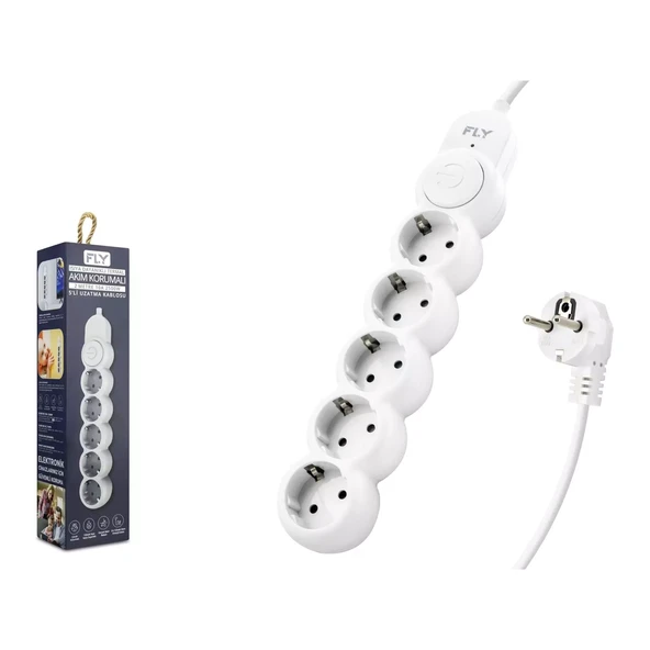 Fly 3394-01 Termal Akım Korumalı Uzatma Kablosu 5 Priz + Anahtar 2M Beyaz - 1
