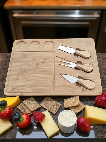 Doğal Bambu Bıçaklı Peynir Servis Sunum Tabağı Kahvaltı Sunum Tahtası Seti 4 Parça