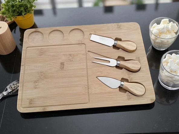 Doğal Bambu Bıçaklı Peynir Servis Sunum Tabağı Kahvaltı Sunum Tahtası Seti 4 Parça - 5