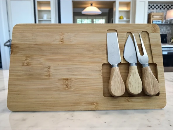 Doğal Bambu Bıçaklı Peynir Servis Sunum Tabağı Kahvaltı Sunum Tahtası Seti 4 Parça 30x17 Cm - 4
