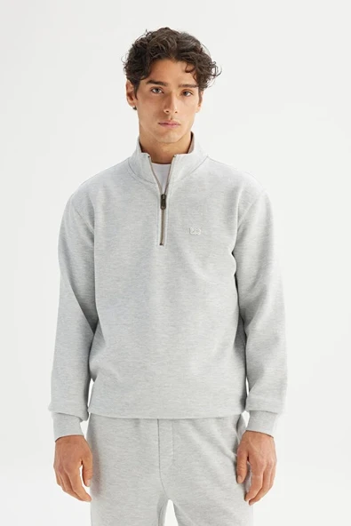 Lee Regular Fit Normal Kesim Kapüşonlu Fermuar Detaylı Gri Melanj Sweatshirt - Resim 3