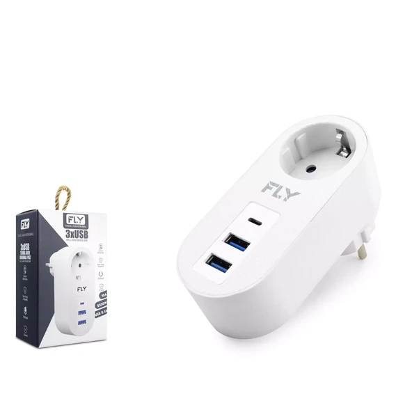 Fly 3400-01 Termal Akım Korumalı 1 Priz 2 Usb + Type-C 2.1A Beyaz - 1