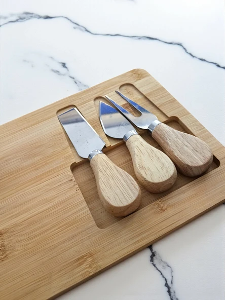 Doğal Bambu Bıçaklı Peynir Servis Sunum Tabağı Kahvaltı Sunum Tahtası Seti 4 Parça 30x17 Cm - 3