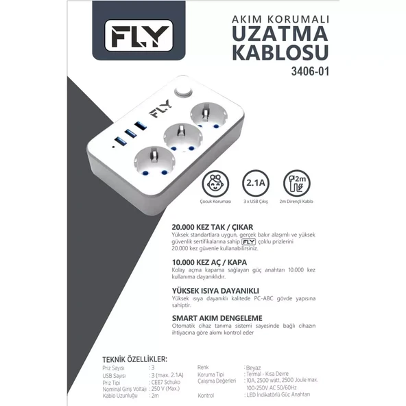 Fly 3406-01 Termal Akım Korumalı Uzatma Kablosu 3 Priz 3 Usb + Anahtar 2.1A 2M Beyaz - 2