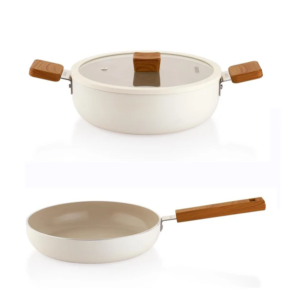 Schafer Ceramoni Seramik Basık Tencere 28 Cm ve Tava Seti – Krem - 1