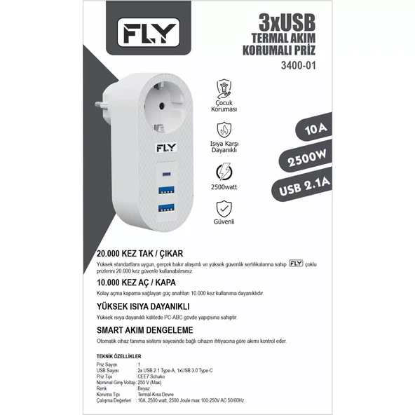 Fly 3400-01 Termal Akım Korumalı 1 Priz 2 Usb + Type-C 2.1A Beyaz - 2